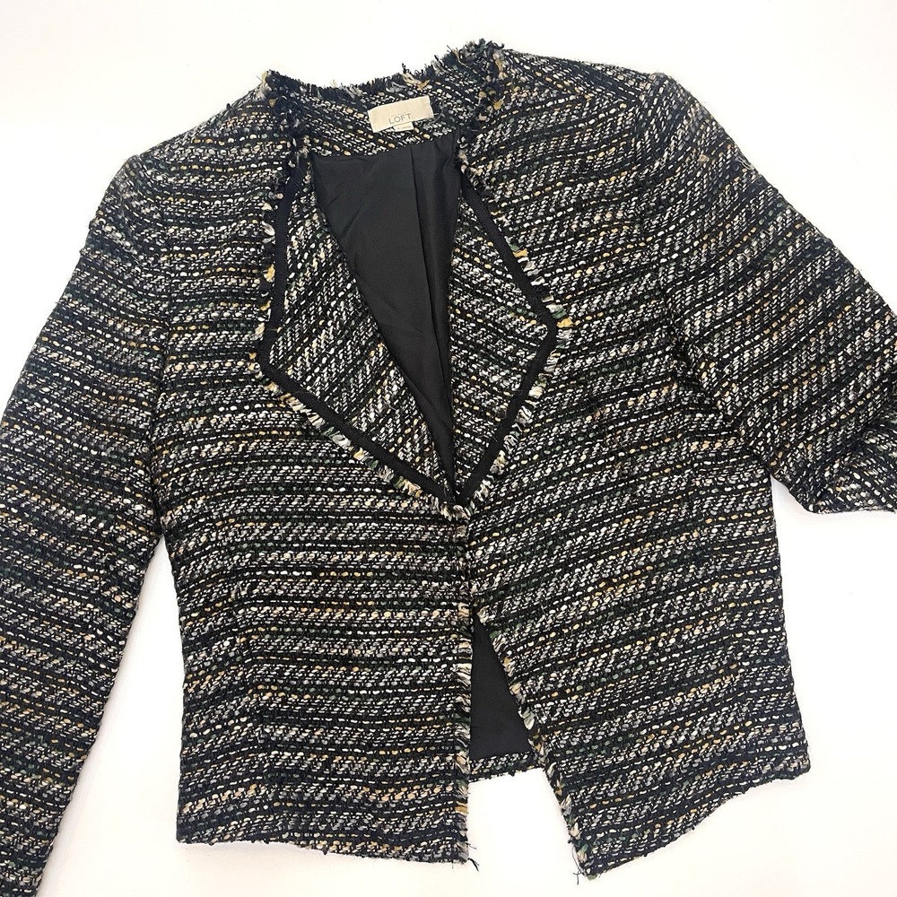 Loft Women's Black Tweed Open Blazer Black Gray Mustard 6 - Picture 5 of 14